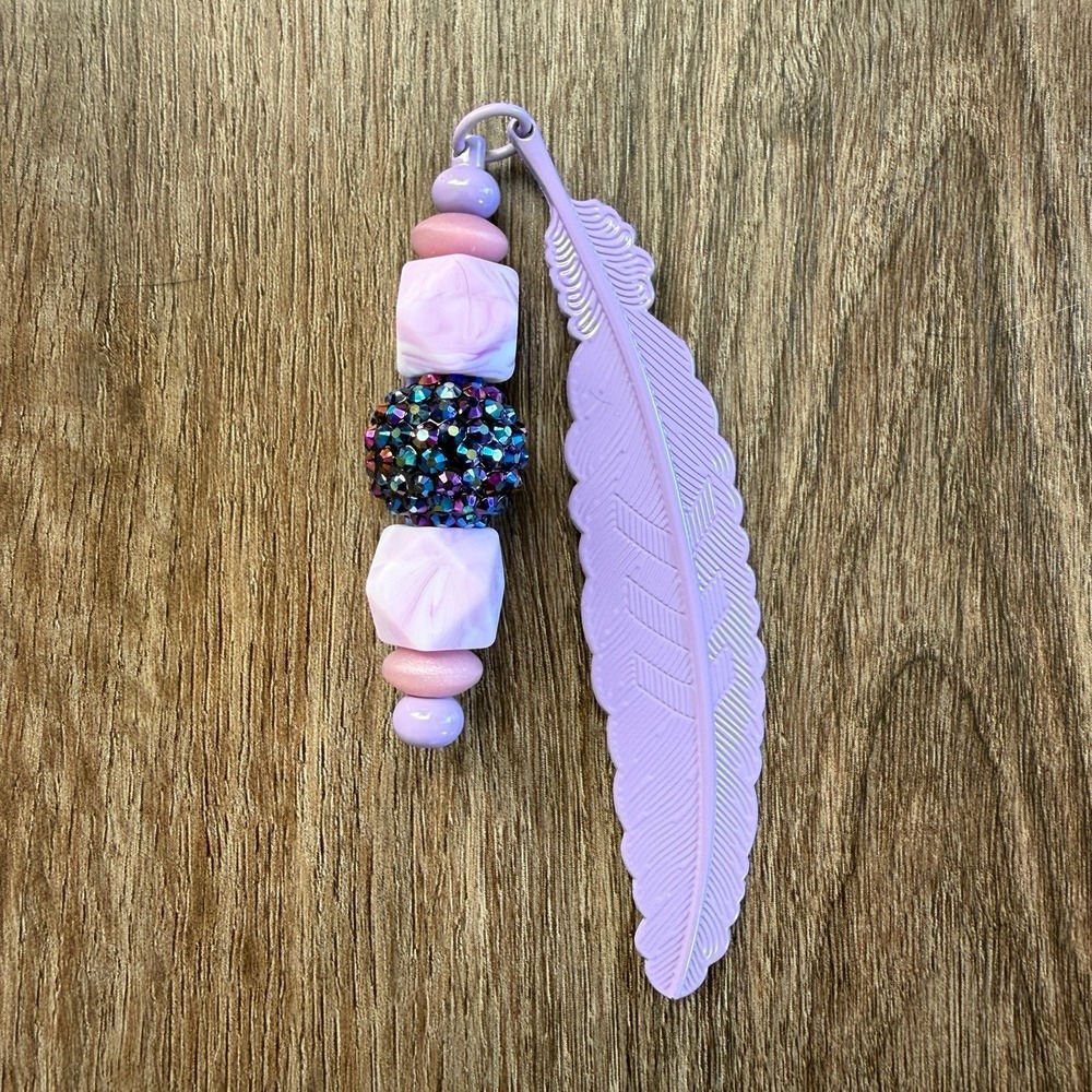 New Handmade Purple Feather Bookmark Page Saver Silicone Bead Rhinestone Acrylic